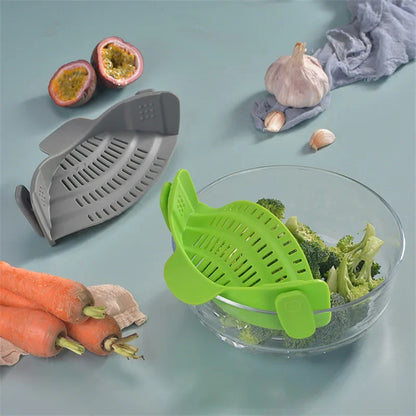 Silicone Kitchen Strainer Clip Pan Drain Rack Bowl Funnel Rice Pasta Vegetable Washing Colander Draining Excess Liquid Univers